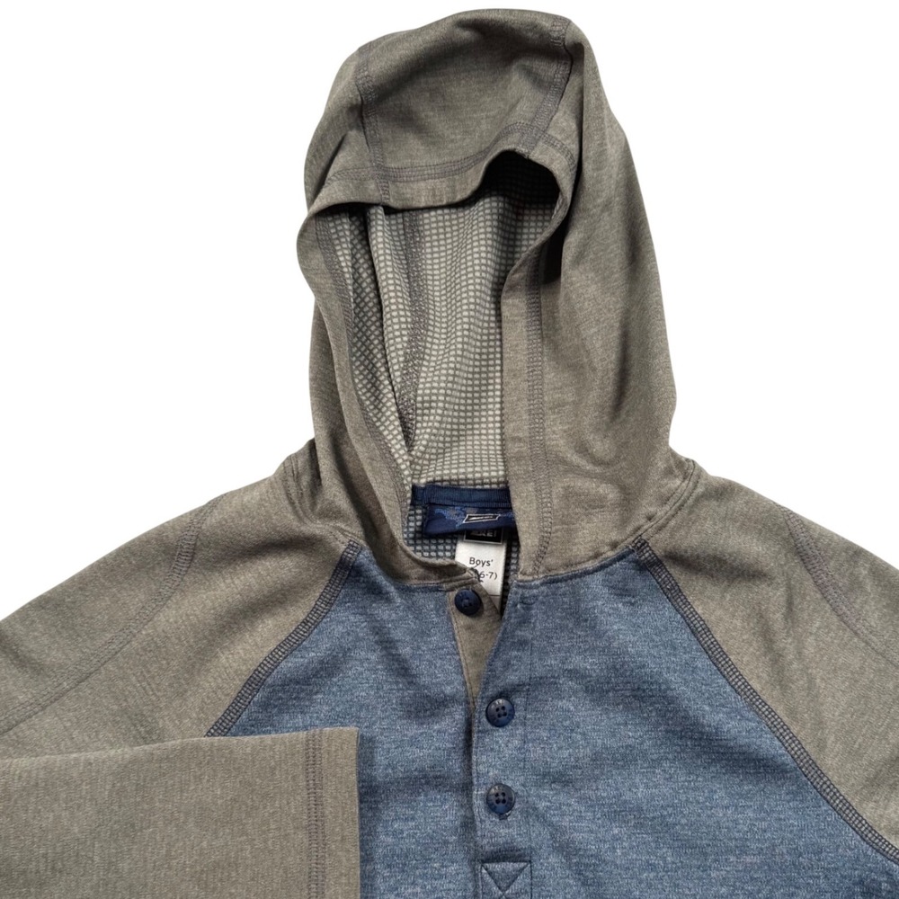 REI Hoodie Boys XS 6-7 Blue Gray Henley Activewear Gorpcore Outdoor Hiking